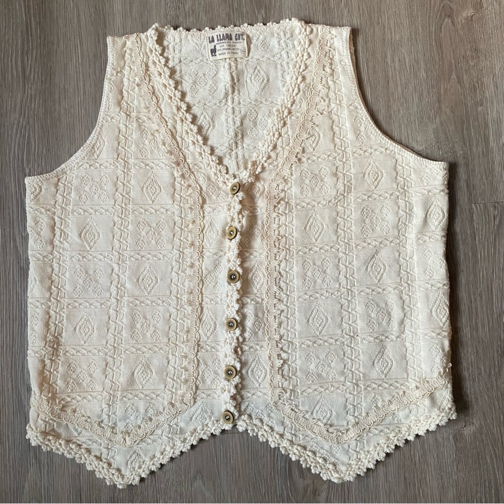La Llama Knit 100% Organic Cotton Vest XL Cream Crochet Boho Cottagecore Ornate